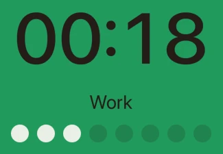 Flextimer live timer screen showing the countdown, active label, and progress dots.